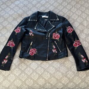 Kin Lin Faux Leather Jacket w/ Flower Embroidery
